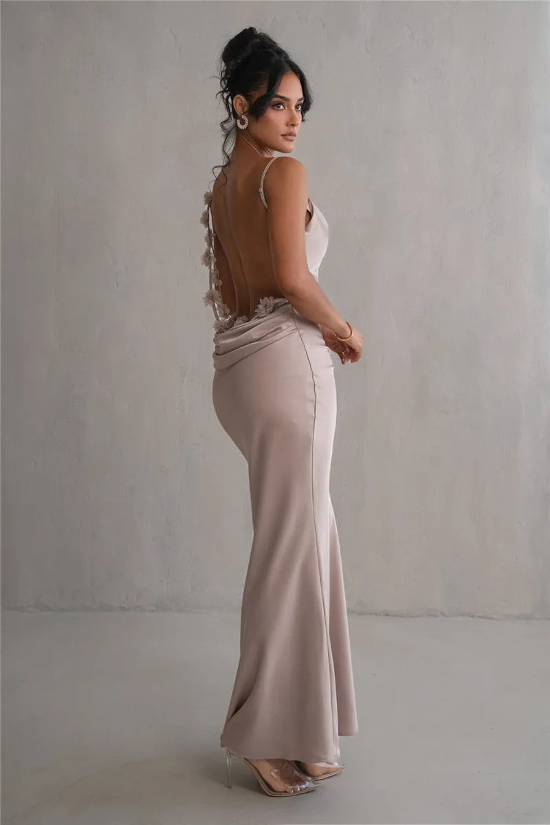 3D Flower Draped Open Back Maxi Dress