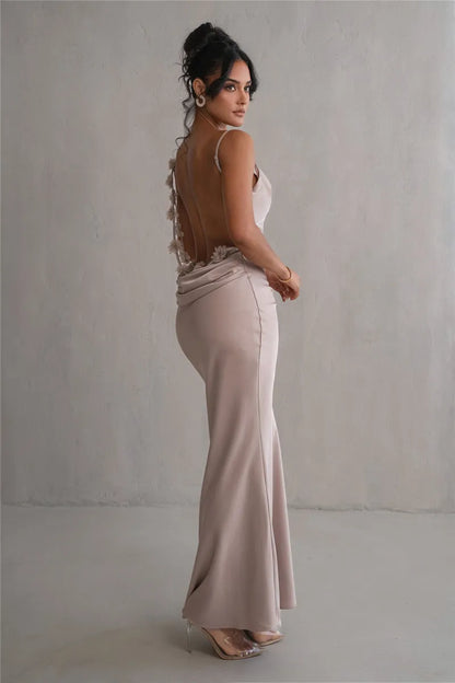 3D Flower Draped Open Back Maxi Dress