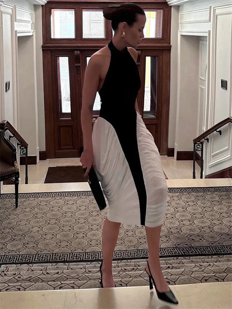 Patchwork Halter Backless Contrast Pleated Midi Dress