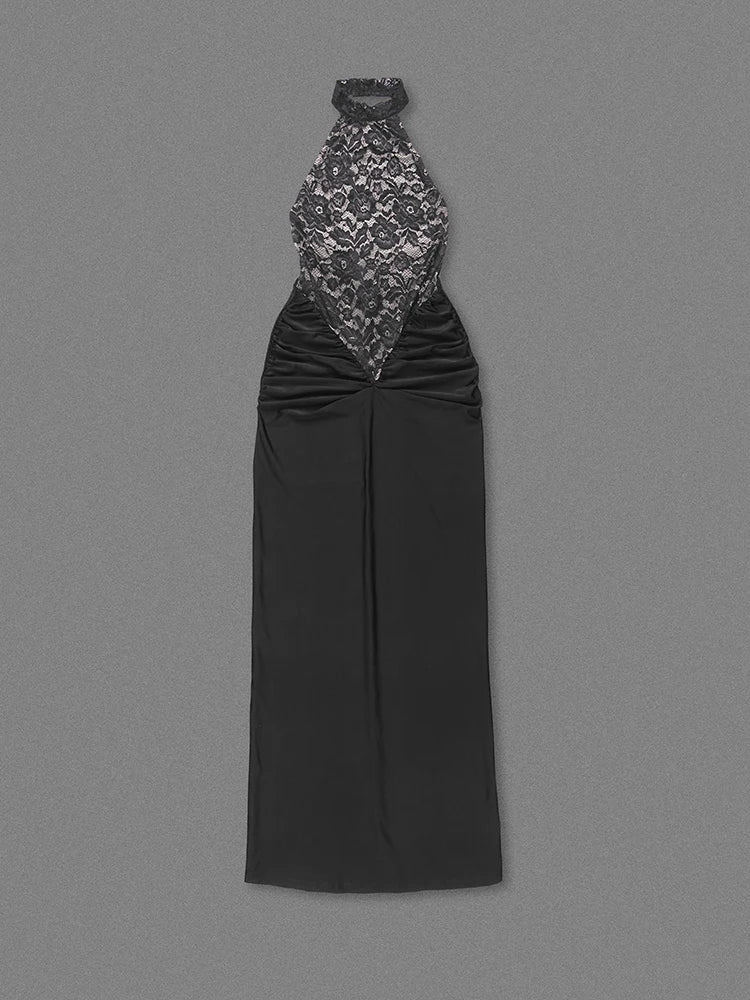 Halter Neck Lace Patchwork Black Maxi Dress