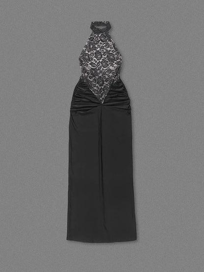 Halter Neck Lace Patchwork Black Maxi Dress