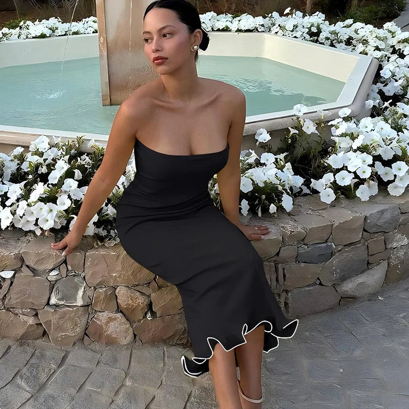 Frill Trim Tube Midi Dress