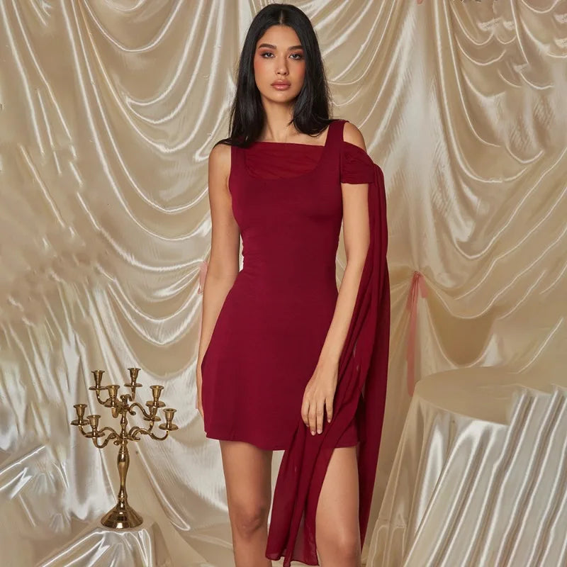 Asymmetrical Chiffon Ribbon Sleeveless Mini Dress