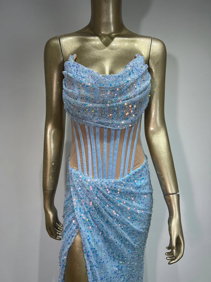 Strapless Mesh Sequins Ruffles Maxi Dress