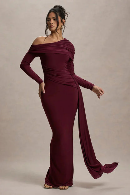 Skew Collar Long Sleeve Maxi Dress