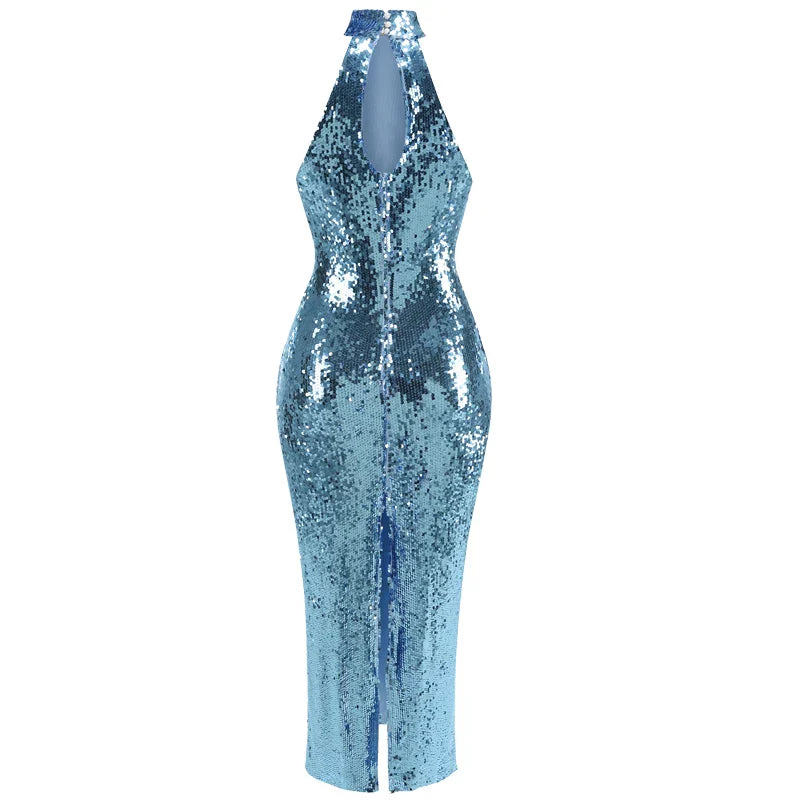 High neck bead wrapped hip skirt slit sequin dress