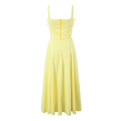 Yellow Slit Midi Dress and Cross Lacing up Top Set