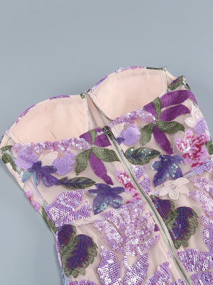 Floral-Embellished Sequin Lavender Ankle Length Dress