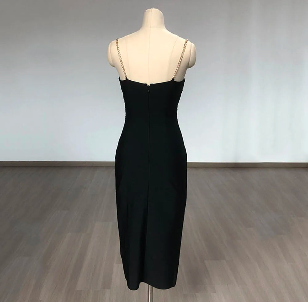 Black Metal Cross Brooch Design Strap Bandage Slit Midi Dress