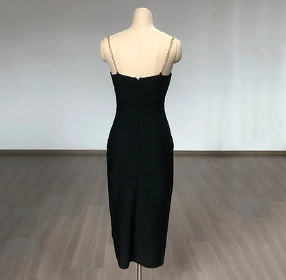 Black Metal Cross Brooch Design Strap Bandage Slit Midi Dress