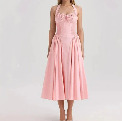 Corset Style Bow Halter Spliced Lace Midi Dress