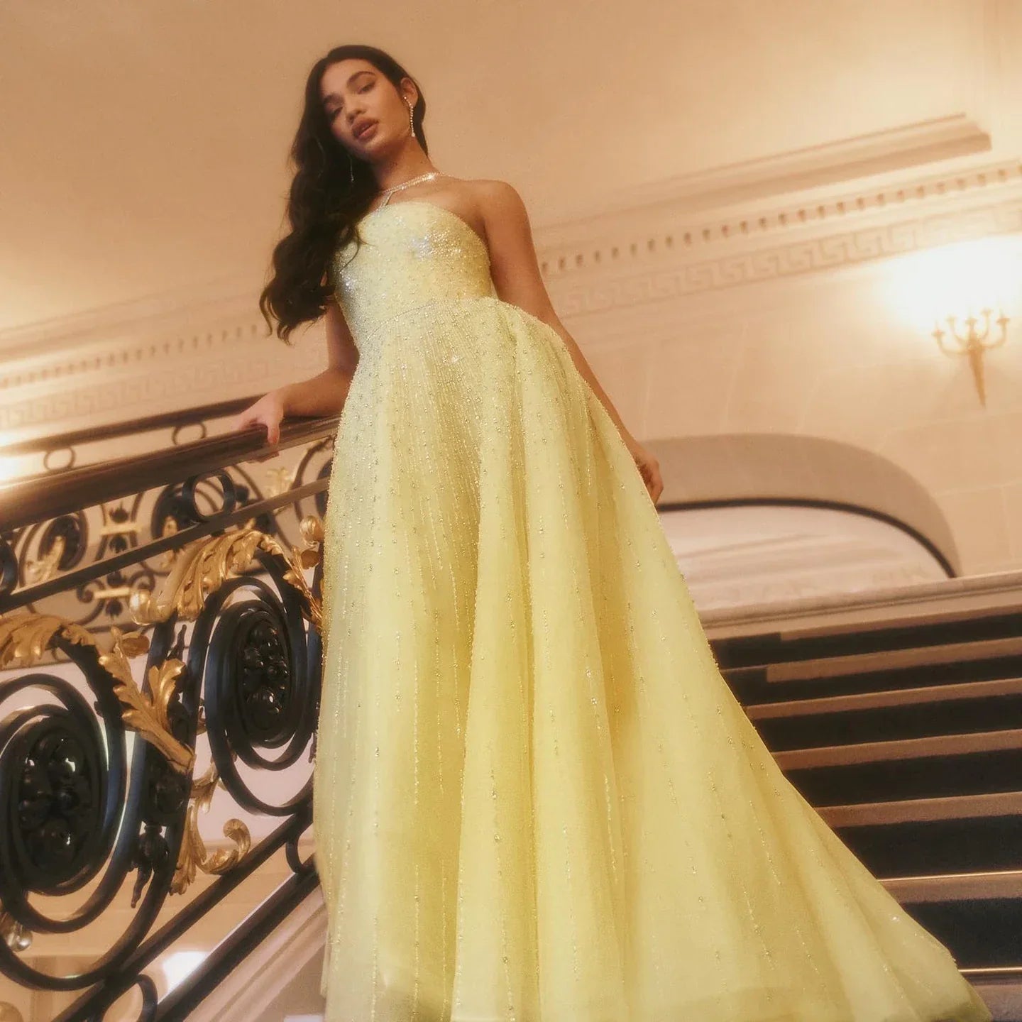 Beaded Yellow Halter Evening Dress with Gloves