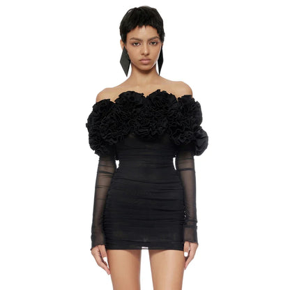 Black Mesh Full Sleeve Ruffles Mini Dress