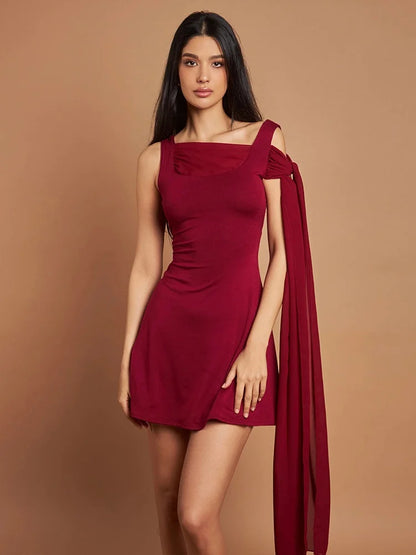 Asymmetrical Chiffon Ribbon Sleeveless Mini Dress