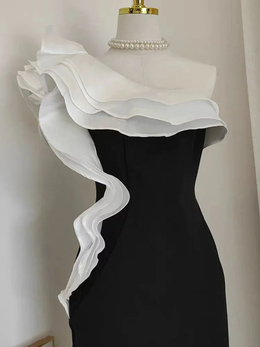 Diagonal Neck Patchwork Ruffles Folds Dress