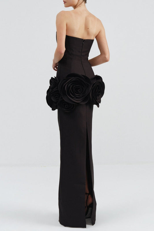 Sherise Floral Appliqué Strapless Maxi Bandage Dress - Black