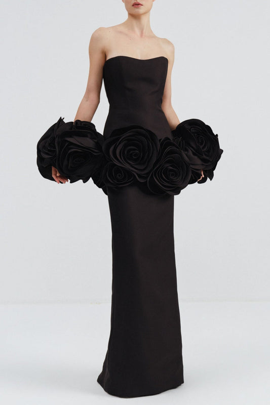 Sherise Floral Appliqué Strapless Maxi Bandage Dress - Black