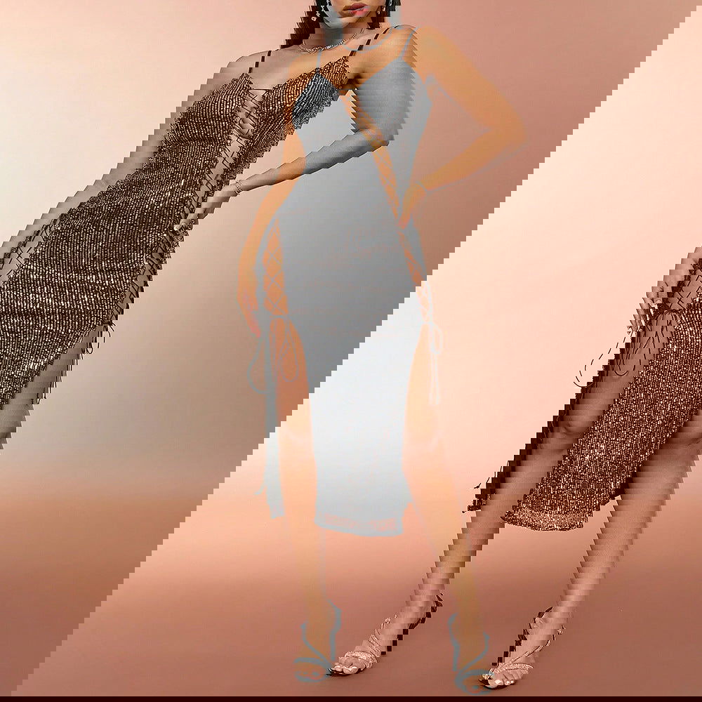 Best Hollow Out Cutout out Strap Sequined Slimming Slip Dress