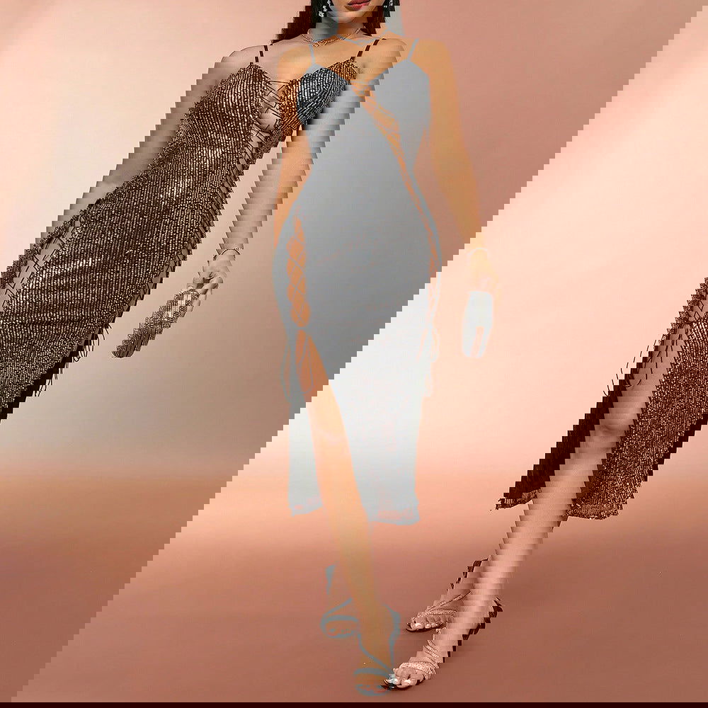 Best Hollow Out Cutout out Strap Sequined Slimming Slip Dress