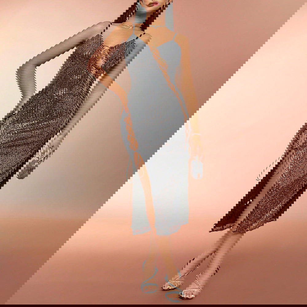 Best Hollow Out Cutout out Strap Sequined Slimming Slip Dress