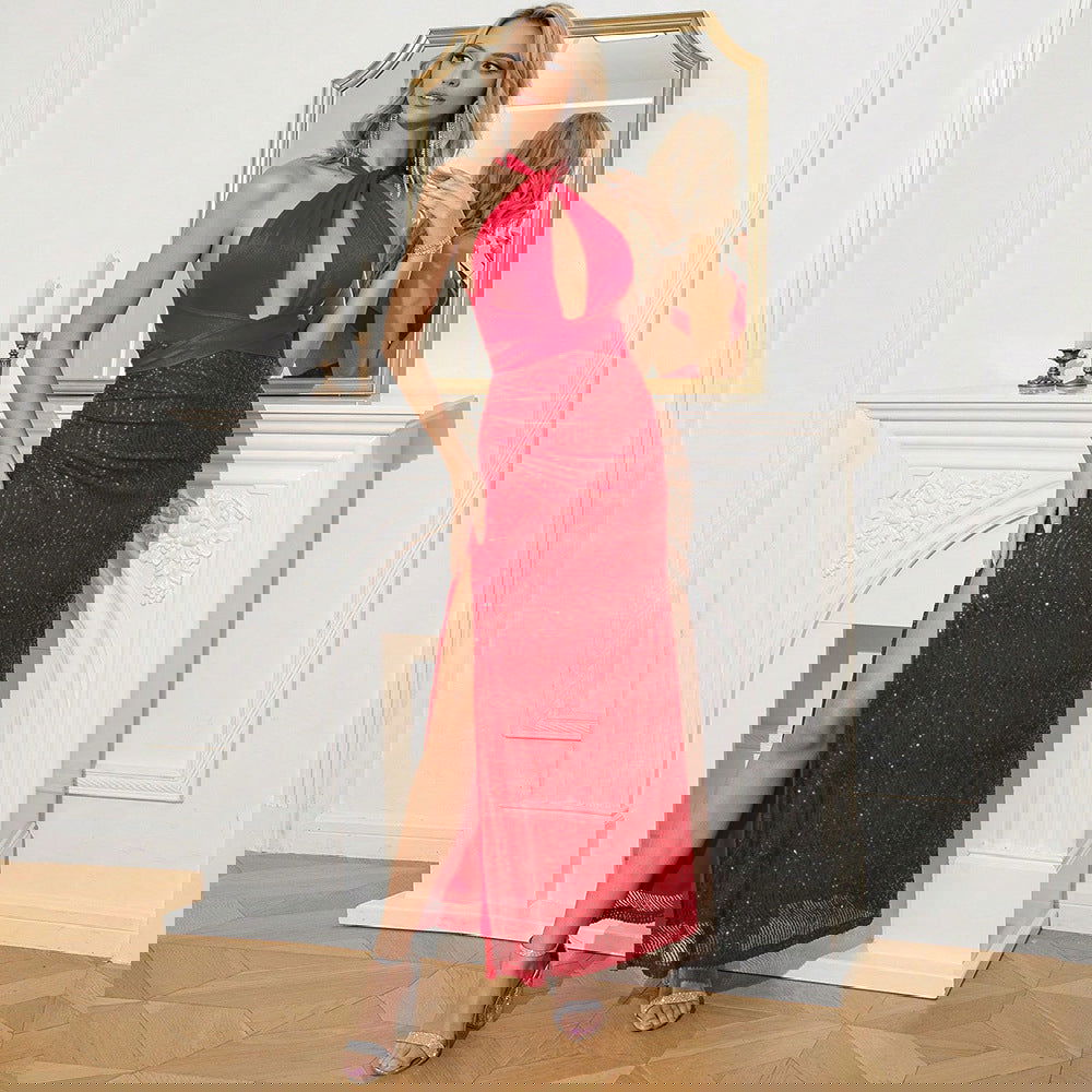 Best Elegant Dress Halter Cut out Stitching Sequ Backless Formal Dress
