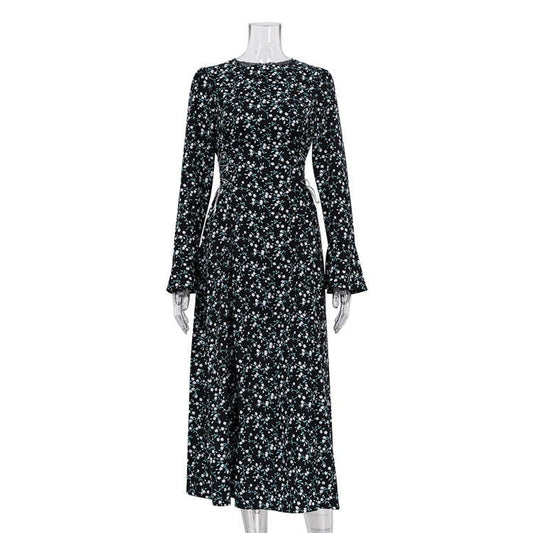 Elegant Flare Sleeve Floral Dress round Neck Waist Trimming Design Maxi Dress