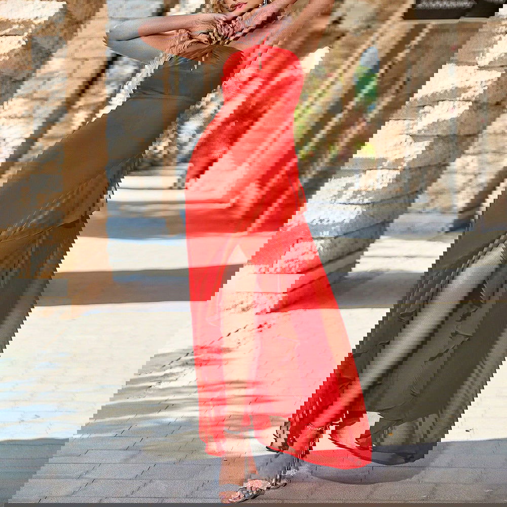 Elegant Dress Halter Tube Top Backless Sleeveless Split Ruffled Maxi Dress