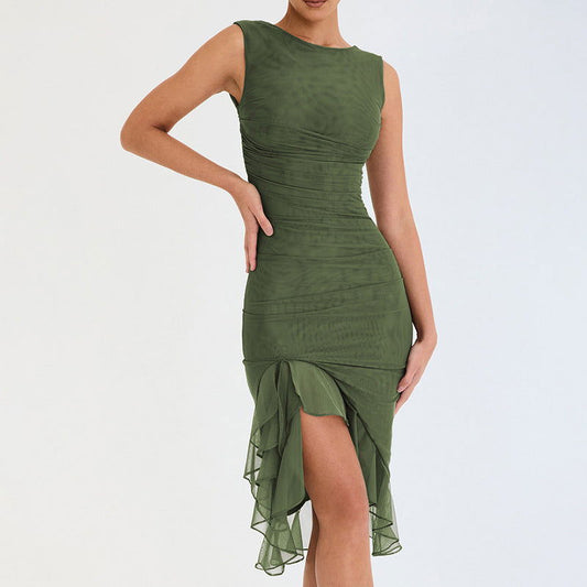 round Neck Sleeveless Tight Backless Pleated Midi Dress