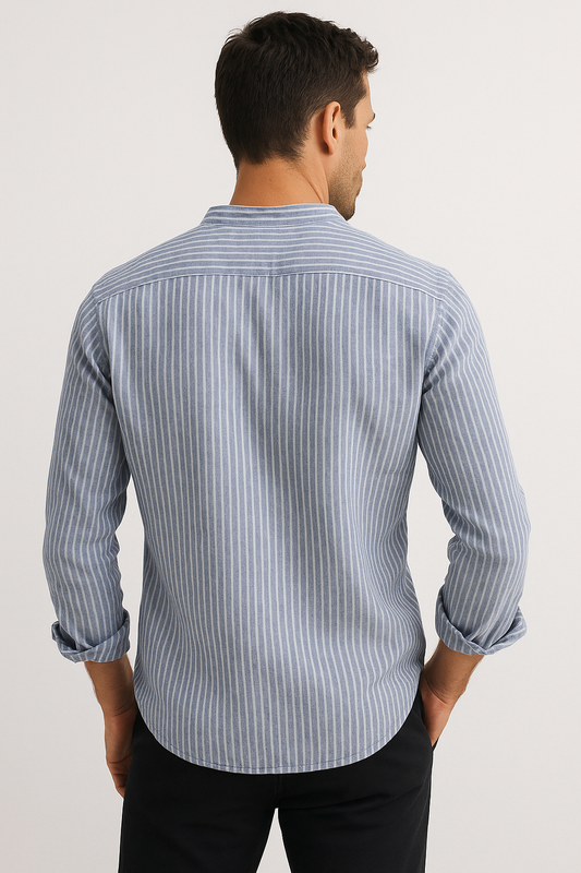 Striped Band Collar Shirt | Cotton Blend Long Sleeve