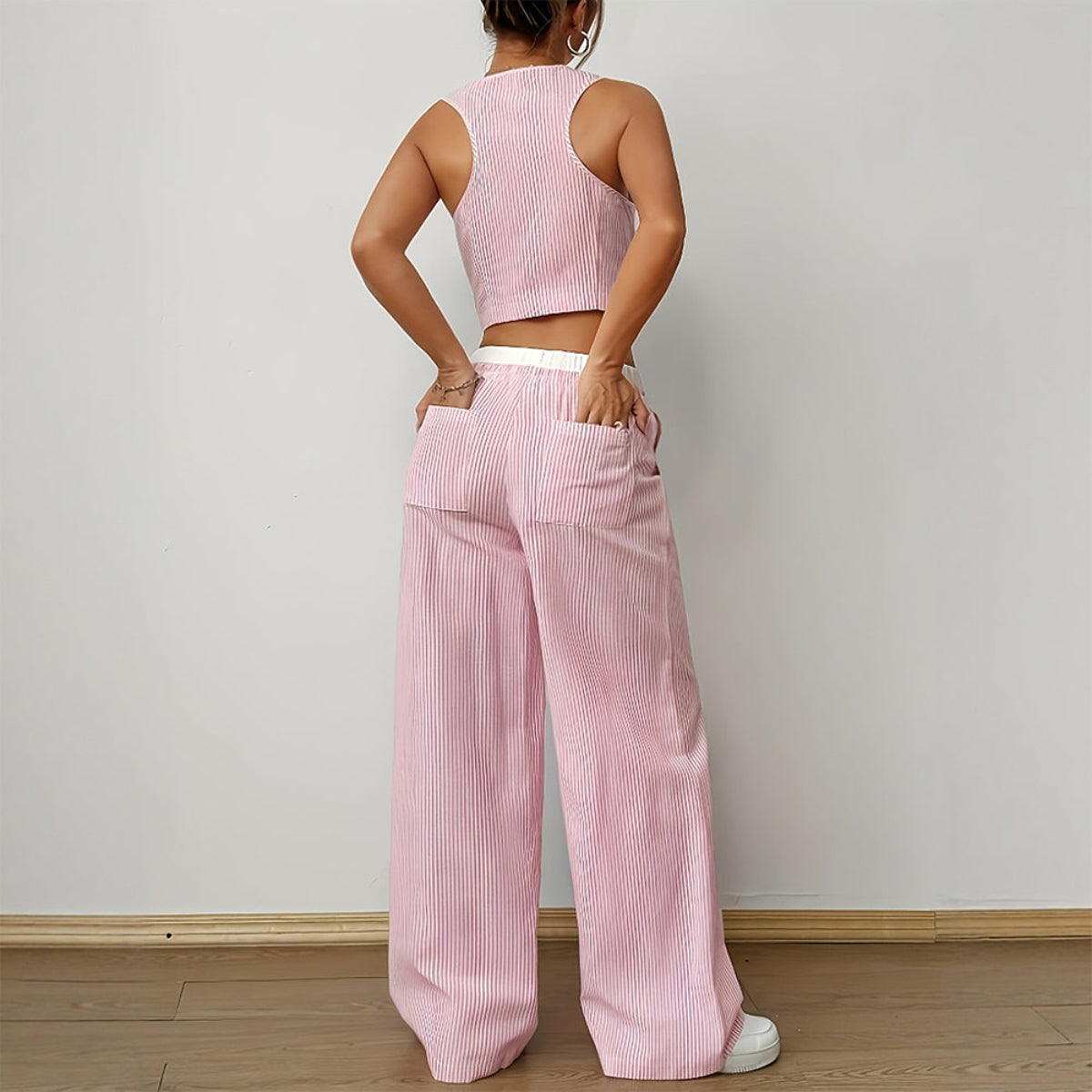 Striped Sleeveless Waistcoat and Wide Leg Trousers Set | Summer Resort