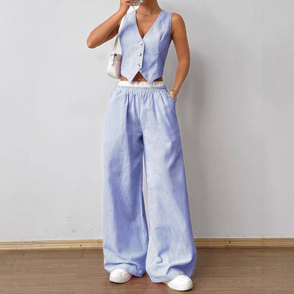 Striped Sleeveless Waistcoat and Wide Leg Trousers Set | Summer Resort