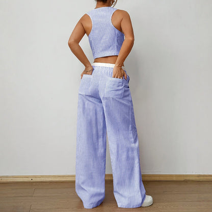 Striped Sleeveless Waistcoat and Wide Leg Trousers Set | Summer Resort