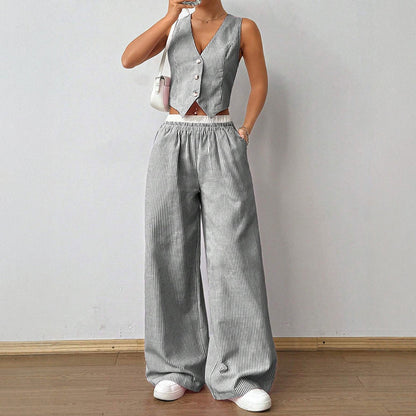 Striped Sleeveless Waistcoat and Wide Leg Trousers Set | Summer Resort