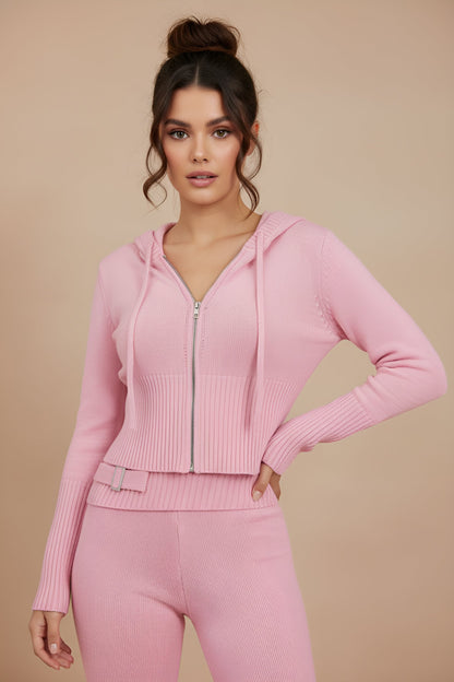 Solid Knit Hooded Top And Asymmetrical Pants Set