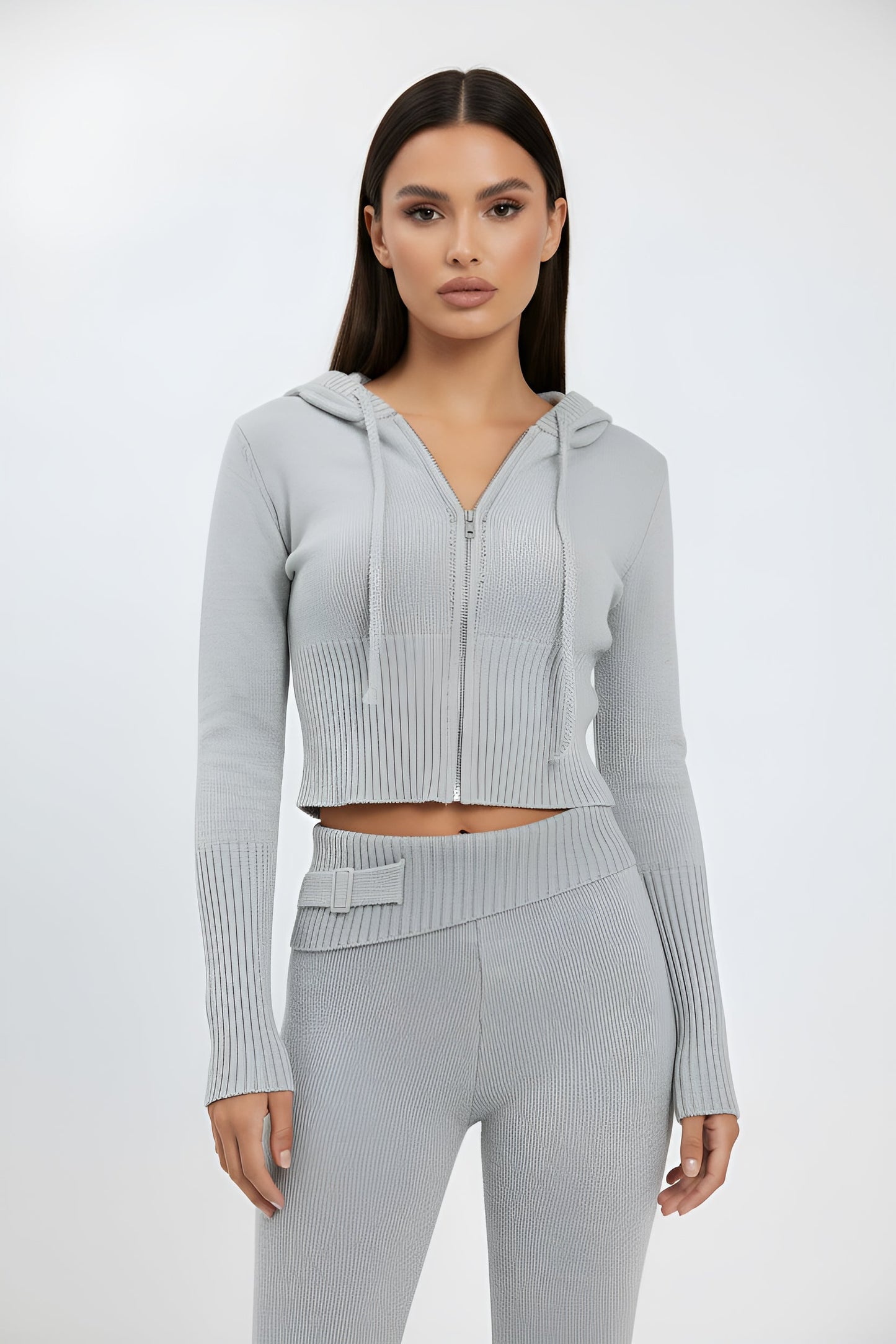 Solid Knit Hooded Top And Asymmetrical Pants Set