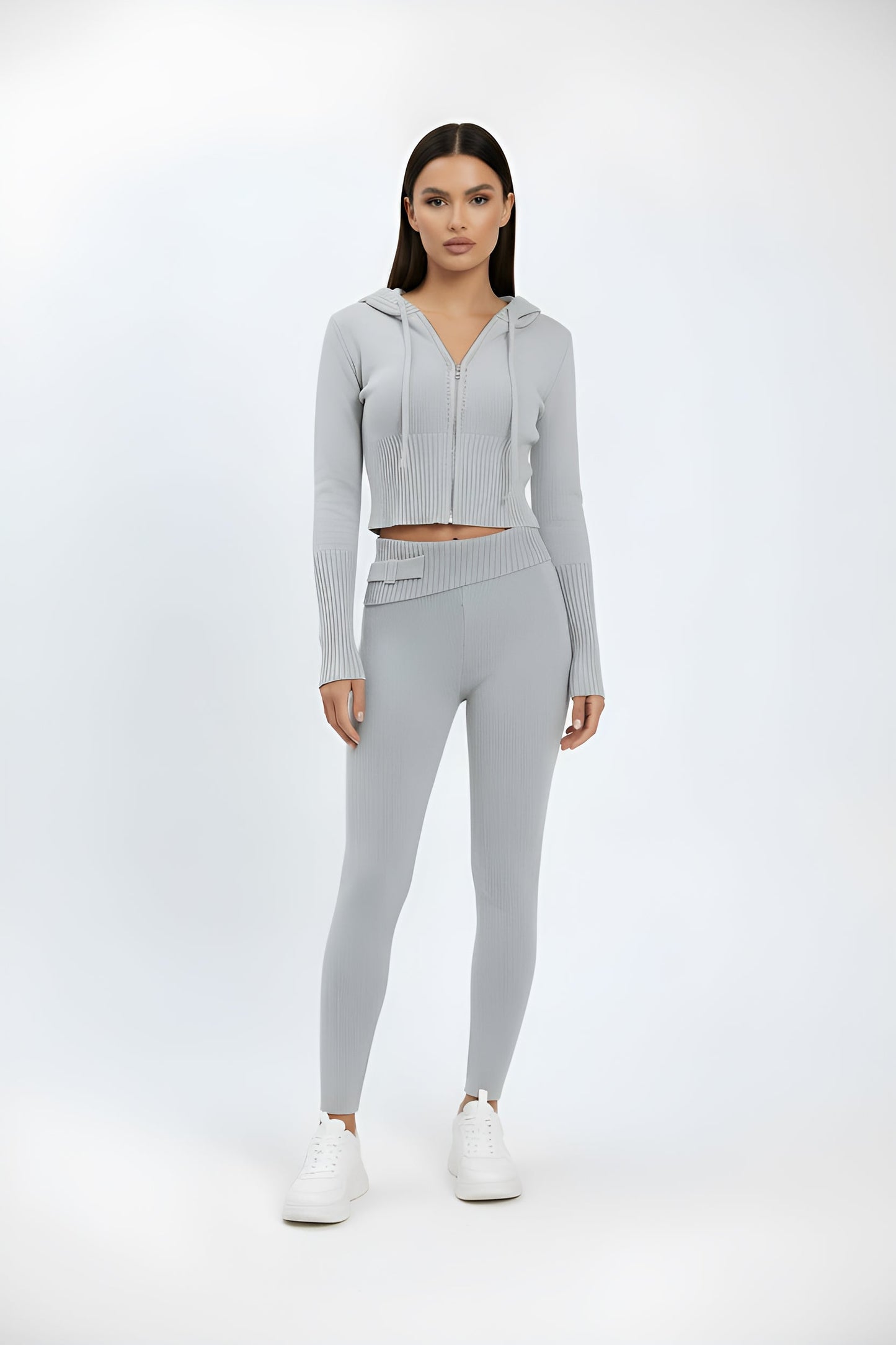 Solid Knit Hooded Top And Asymmetrical Pants Set