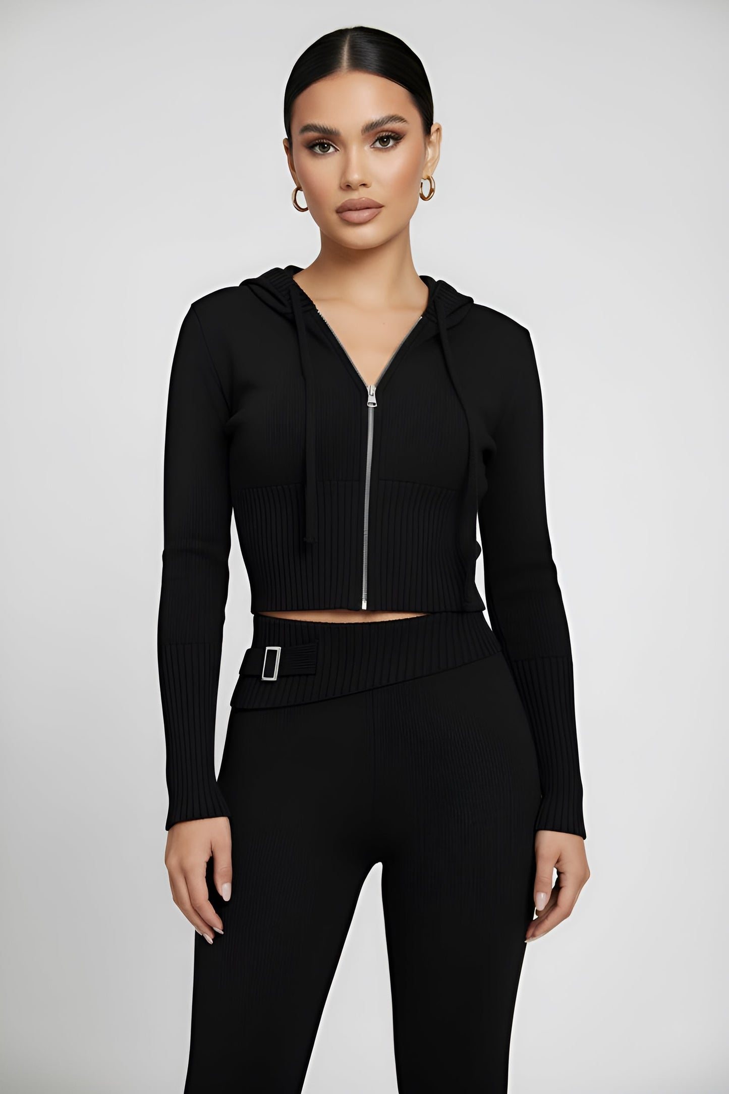 Solid Knit Hooded Top And Asymmetrical Pants Set