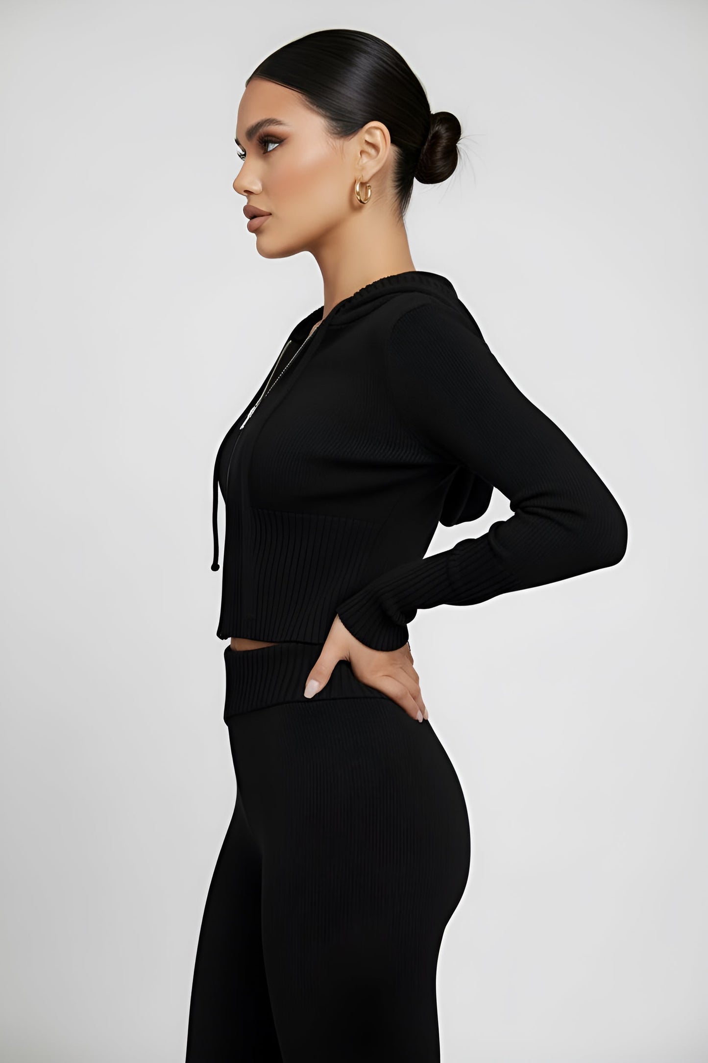 Solid Knit Hooded Top And Asymmetrical Pants Set