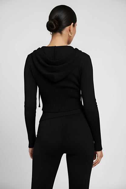 Solid Knit Hooded Top And Asymmetrical Pants Set
