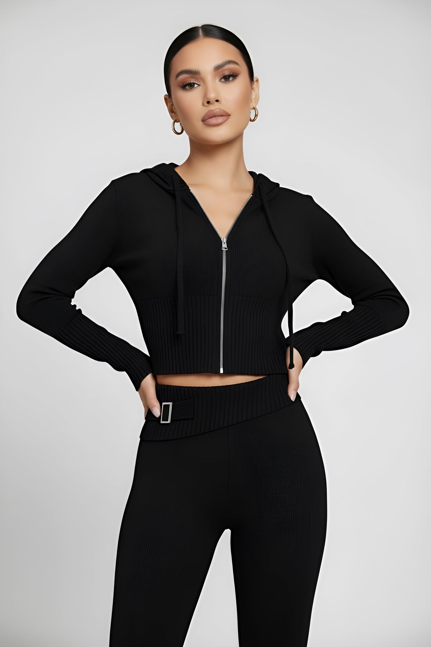 Solid Knit Hooded Top And Asymmetrical Pants Set