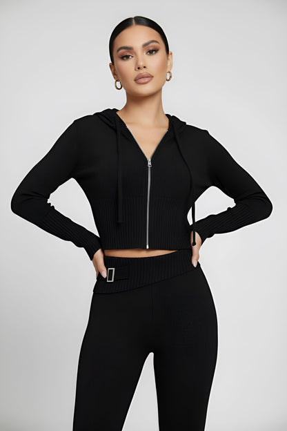 Solid Knit Hooded Top And Asymmetrical Pants Set