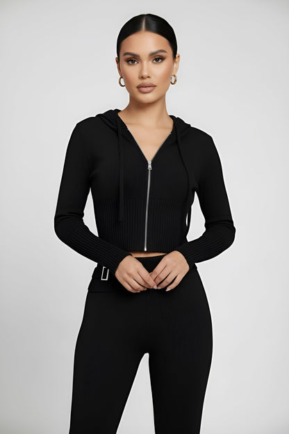 Solid Knit Hooded Top And Asymmetrical Pants Set