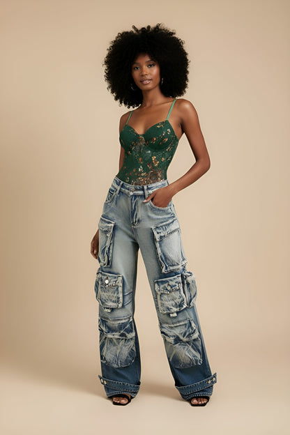 Floral Print Embroidery Bustier Corset Slip Sleeveless Bodysuit