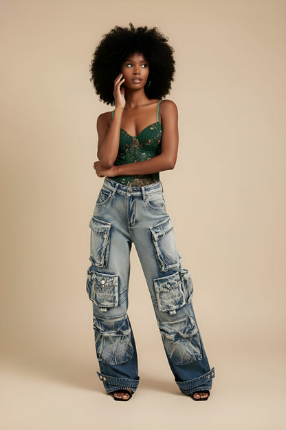 Floral Print Embroidery Bustier Corset Slip Sleeveless Bodysuit