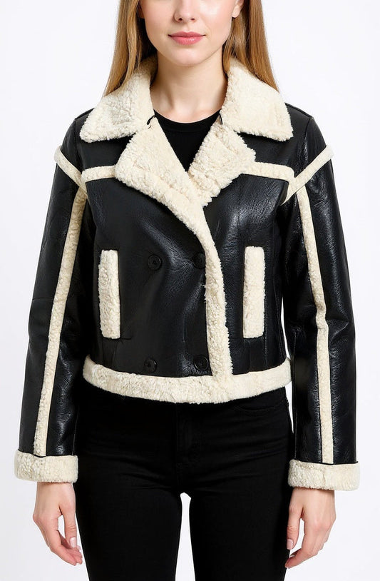 Faux Leather Long Sleeve Collar Jacket