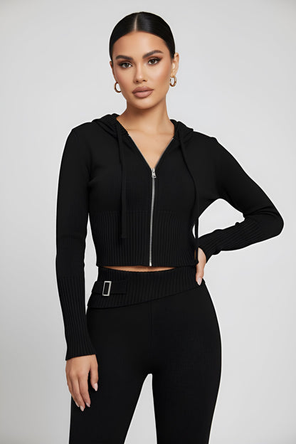 Solid Knit Hooded Top And Asymmetrical Pants Set