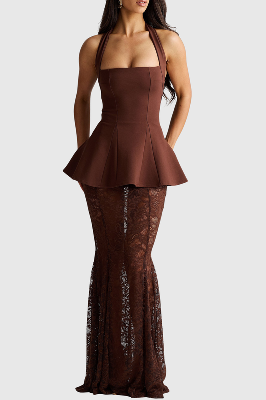 Trina Halterneck Lace Skirt Set - Brown
