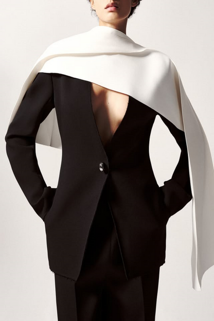 Tyanne Asymmetrical Shoulder Pleat Blazer Two Piece Set - Black