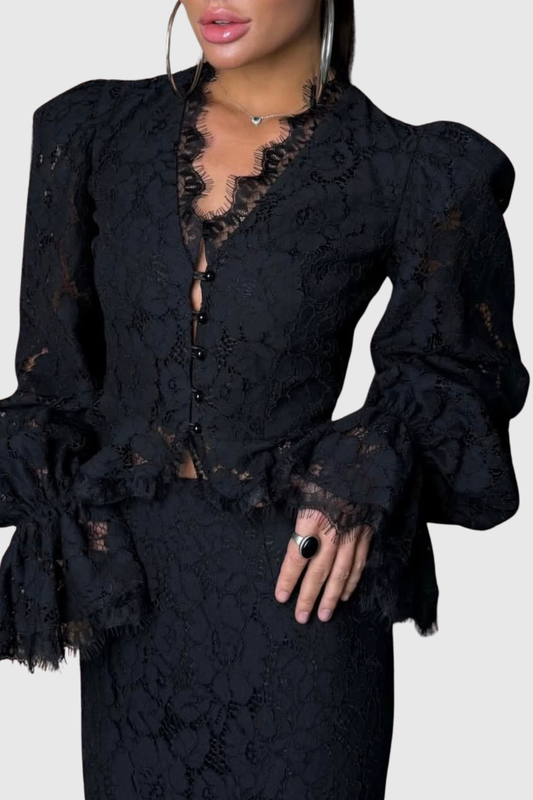 Umeko Lace Blouse & Maxi Skirt Set - Black