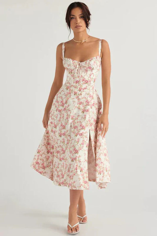 Aurora Floral Corset Midi Dress | Sweetheart Neckline, Slit Skirt, Spaghetti Straps